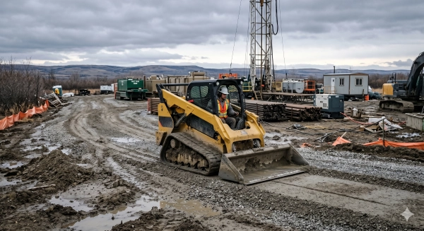 Skid steer rental equipment performing lease construction and grading in Alberta oilfields