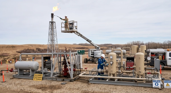 Preventive maintenance on a flare stack and test separator during Alberta well testing operations.