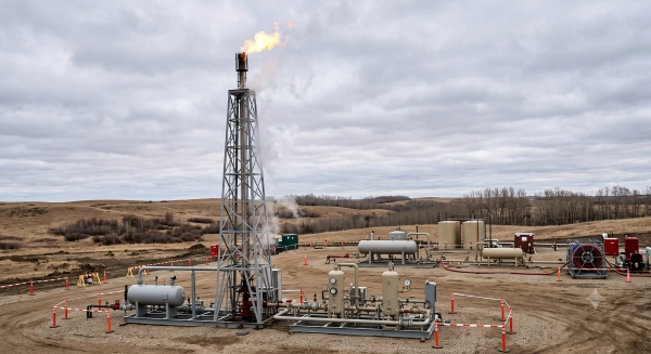 Industrial flare stack safely burning excess natural gas during oil and gas well testing in Alberta.