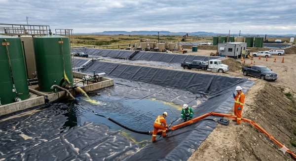 Secondary Containment Alberta system protecting storage tanks at an Alberta oilfield site