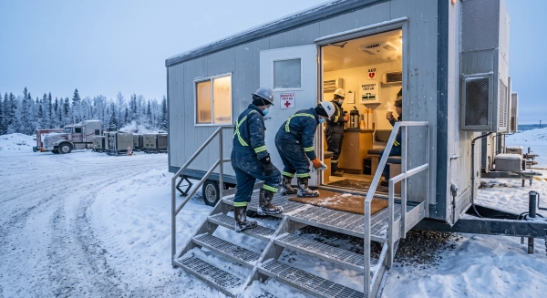Heated shelters improve safety during a winter site setup for Alberta crews.
