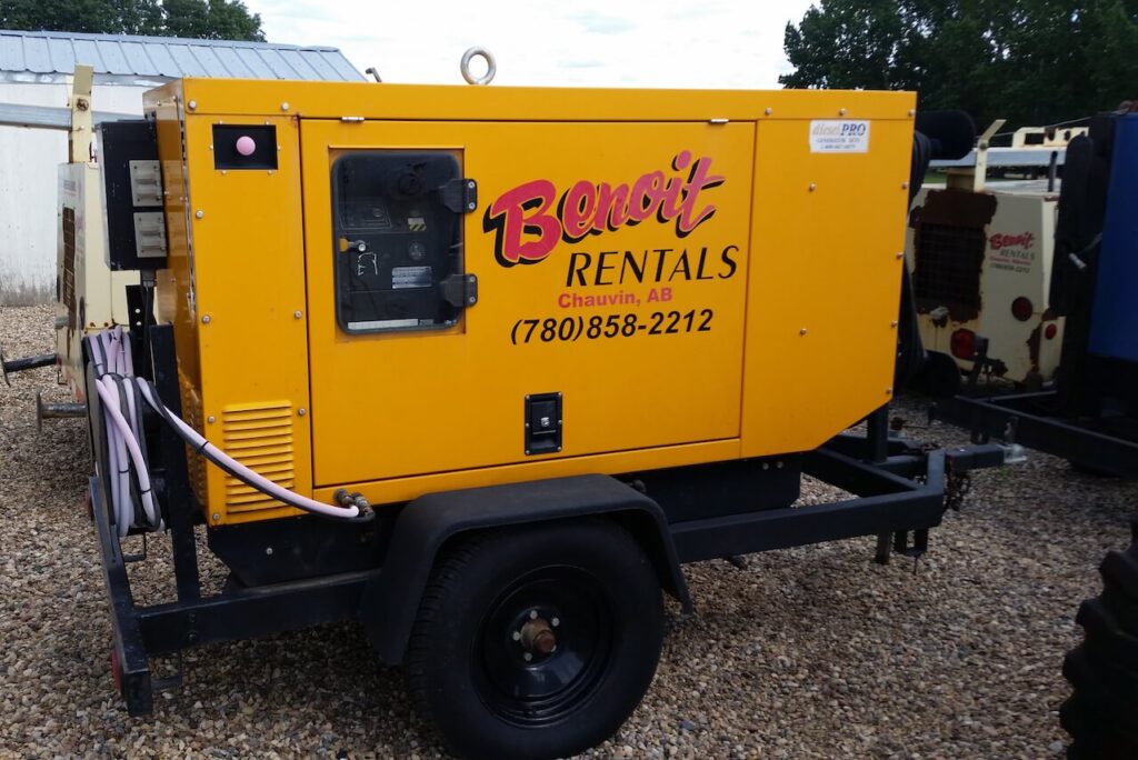 Benoit Rentals diesel generator mounted on a trailer in Chauvin, Alberta, available for industrial and construction equipment rental.